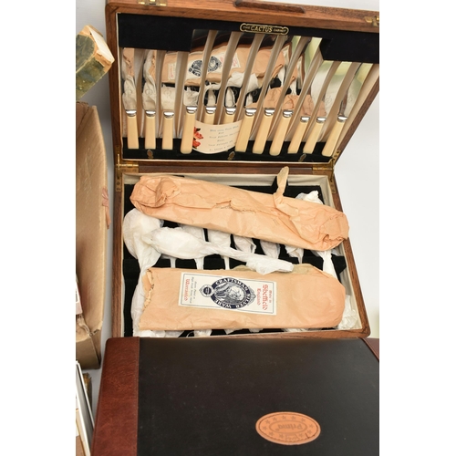 94 - A BOX OF ASSORTED WHITE METAL WARE AND ITEMS, to include a briefcase canteen of 'Prima' kitchen kniv... 