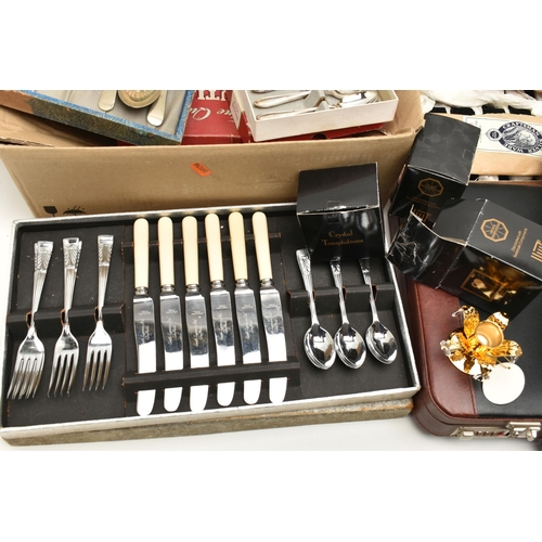 94 - A BOX OF ASSORTED WHITE METAL WARE AND ITEMS, to include a briefcase canteen of 'Prima' kitchen kniv... 