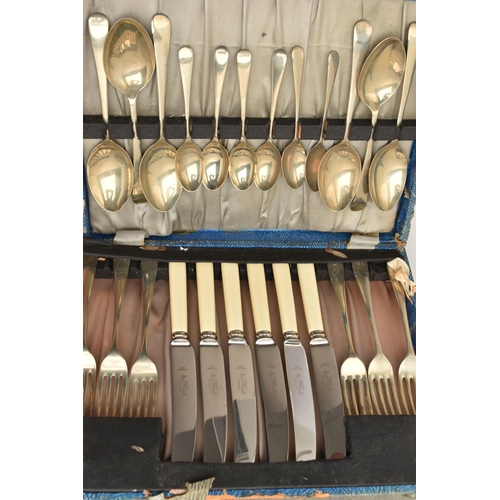 94 - A BOX OF ASSORTED WHITE METAL WARE AND ITEMS, to include a briefcase canteen of 'Prima' kitchen kniv... 