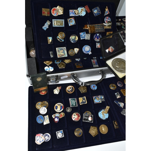 253 - AN ALUMINIUM FLIGHT CASE CONTAINING RUSSIAN / SOVIET SPACE RELATED PIN BADGES, to include anniversar... 