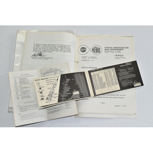 254 - NASA APOLLO 16 PRESS RELEASES AND EPHEMERA, to include time of key events and mission objective pape... 