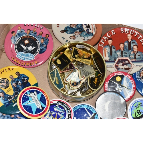 257 - A BOX CONTAINING ASSORTED SPACE RELATED BUTTON BADGES OF VARIOUS SIZES, mostly relating to the Space... 