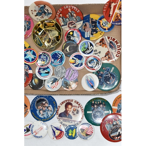 257 - A BOX CONTAINING ASSORTED SPACE RELATED BUTTON BADGES OF VARIOUS SIZES, mostly relating to the Space... 