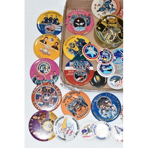 257 - A BOX CONTAINING ASSORTED SPACE RELATED BUTTON BADGES OF VARIOUS SIZES, mostly relating to the Space... 