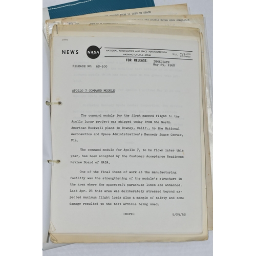 267 - NASA APOLLO 7 PRESS INFORMATION PACKS ETC, to include a press release dated 1968 with information re... 