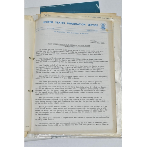 267 - NASA APOLLO 7 PRESS INFORMATION PACKS ETC, to include a press release dated 1968 with information re... 