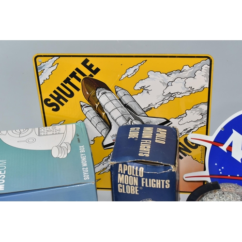 319 - A BOX OF SPACE SOUVENIRS to include a boxed Apollo Moon Flights Globe, a boxed Science Museum Soyuz ... 