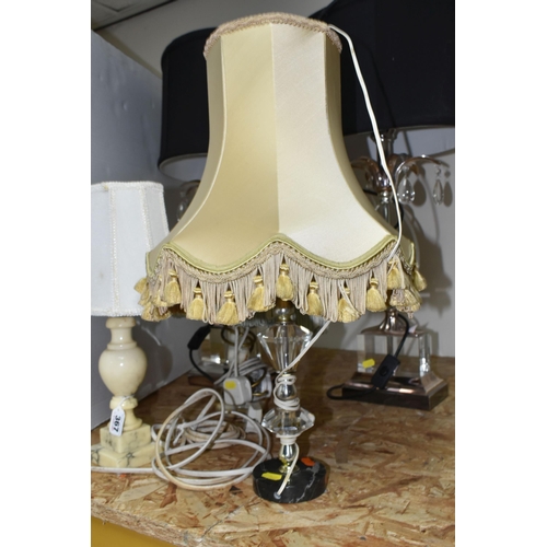 367 - A GROUP OF FIVE TABLE LAMPS comprising two onyx lamps with shades, a pair of glass and chrome effect... 