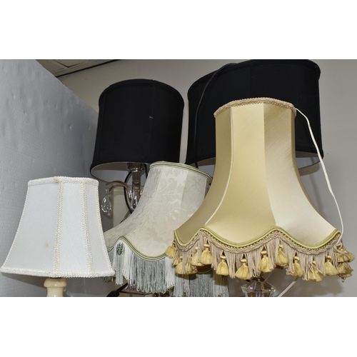 367 - A GROUP OF FIVE TABLE LAMPS comprising two onyx lamps with shades, a pair of glass and chrome effect... 