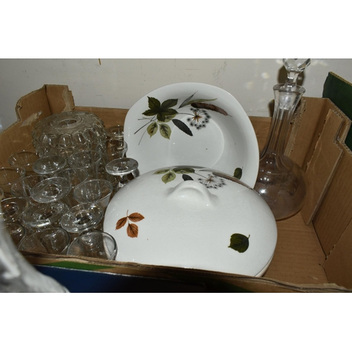 373 - FOUR BOXES AND LOOSE CERAMIC KITCHEN AND GLASS WARE to include a Royal Worcester Wild Harvest two pi... 