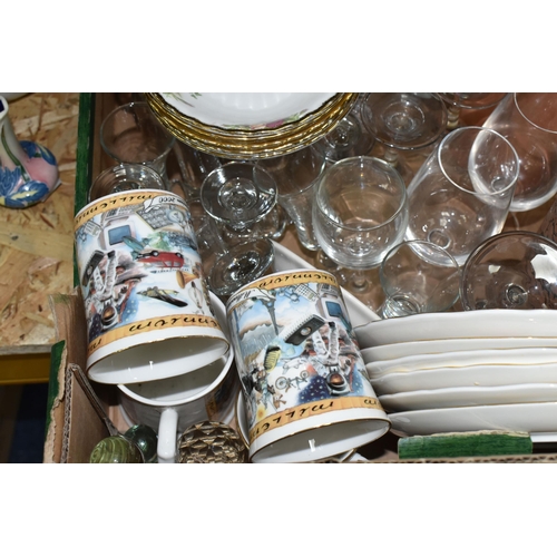 373 - FOUR BOXES AND LOOSE CERAMIC KITCHEN AND GLASS WARE to include a Royal Worcester Wild Harvest two pi... 