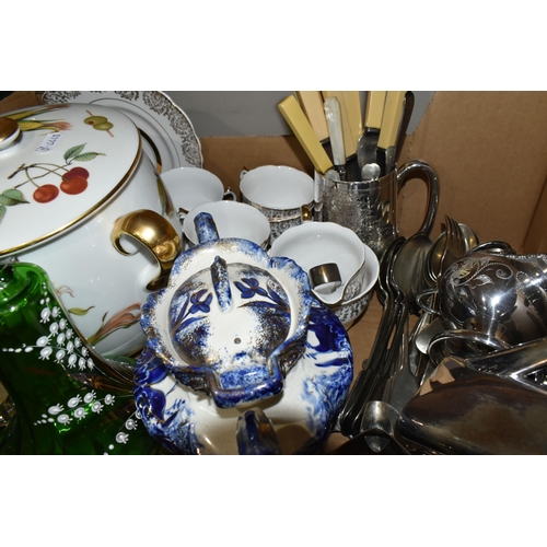 374 - TWO BOXES OF ASSORTED CERAMIC KITCHENWARES to include a Royal Worcester Evesham biscuit barrel, a la... 