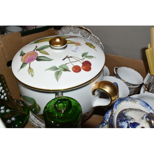 374 - TWO BOXES OF ASSORTED CERAMIC KITCHENWARES to include a Royal Worcester Evesham biscuit barrel, a la... 