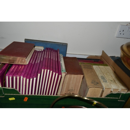 375 - THREE BOXES AND LOOSE BOOKS, WALKING STICKS AND METALWARES to include two boxes of vintage reference... 