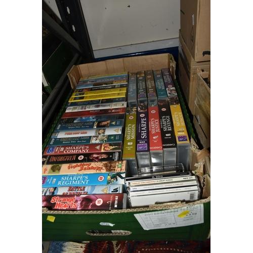 376 - NINE BOXES OF MOSTLY FISHING DVDS AND VHS ETC to include three boxes of fishing related DVDs compris... 