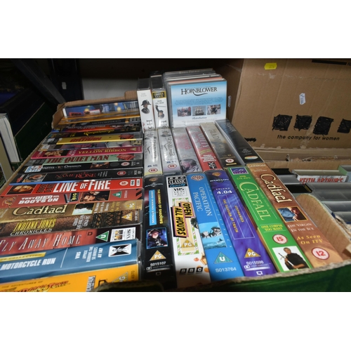 376 - NINE BOXES OF MOSTLY FISHING DVDS AND VHS ETC to include three boxes of fishing related DVDs compris... 