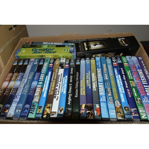 376 - NINE BOXES OF MOSTLY FISHING DVDS AND VHS ETC to include three boxes of fishing related DVDs compris... 