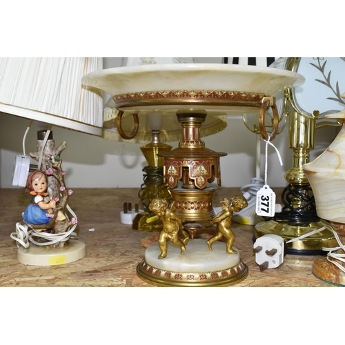 377 - A NINETEENTH CENTURY FRENCH CENTREPIECE AND ASSORTED MODERN TABLE LAMPS to include a gilded brass an... 