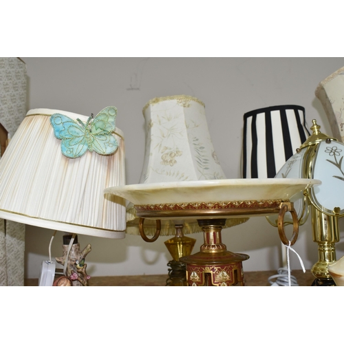 377 - A NINETEENTH CENTURY FRENCH CENTREPIECE AND ASSORTED MODERN TABLE LAMPS to include a gilded brass an... 