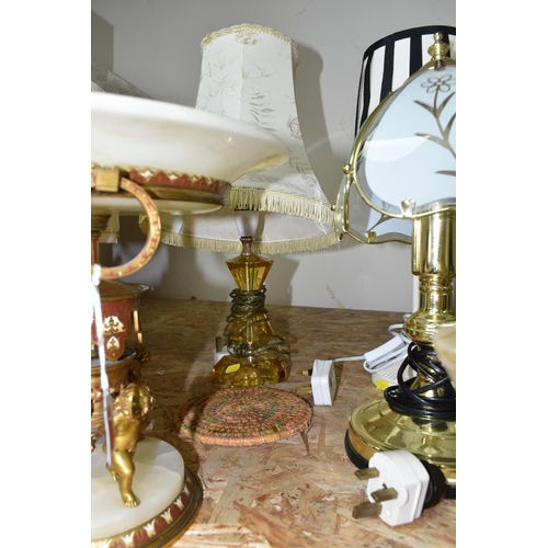 377 - A NINETEENTH CENTURY FRENCH CENTREPIECE AND ASSORTED MODERN TABLE LAMPS to include a gilded brass an... 