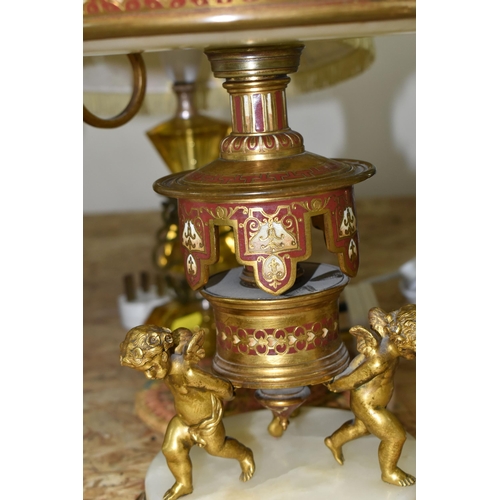 377 - A NINETEENTH CENTURY FRENCH CENTREPIECE AND ASSORTED MODERN TABLE LAMPS to include a gilded brass an... 