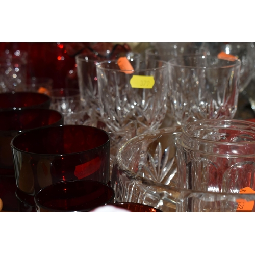 379 - A GROUP OF CLEAR AND COLOURED MOSTLY CRYSTAL CUT GLASS to include a box of six Polaris wine flutes, ... 