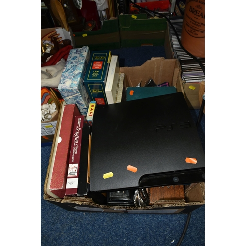 386 - SIX BOXES AND LOOSE MISCELLANEOUS ITEMS, to include, approximately 60 classical CDs, a vintage vanit... 