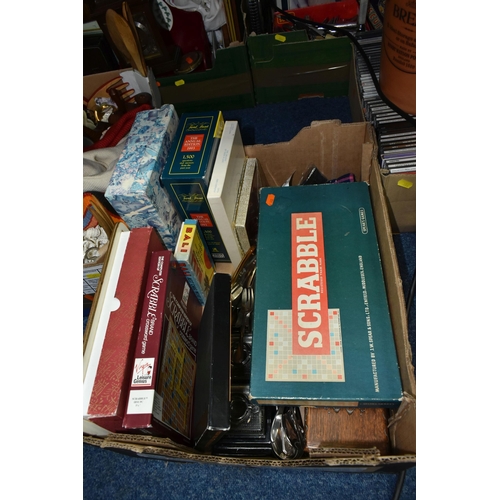 386 - SIX BOXES AND LOOSE MISCELLANEOUS ITEMS, to include, approximately 60 classical CDs, a vintage vanit... 