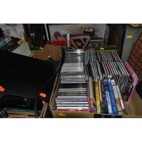 386 - SIX BOXES AND LOOSE MISCELLANEOUS ITEMS, to include, approximately 60 classical CDs, a vintage vanit... 