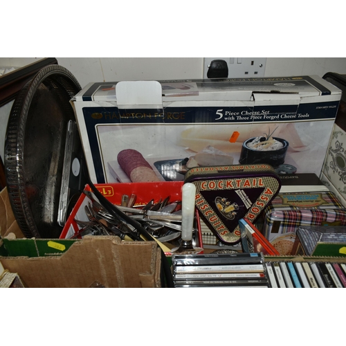 386 - SIX BOXES AND LOOSE MISCELLANEOUS ITEMS, to include, approximately 60 classical CDs, a vintage vanit... 