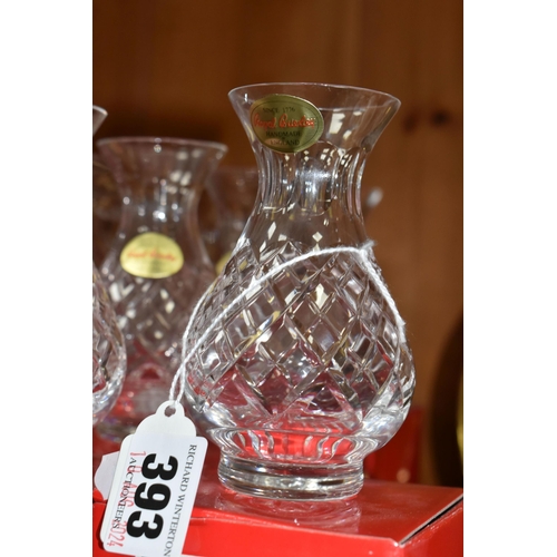 393 - TWENTY THREE BOXED ROYAL BRIERLEY CRYSTAL VASES AND A MATCHING BOWL, all in the Henley pattern, heig... 