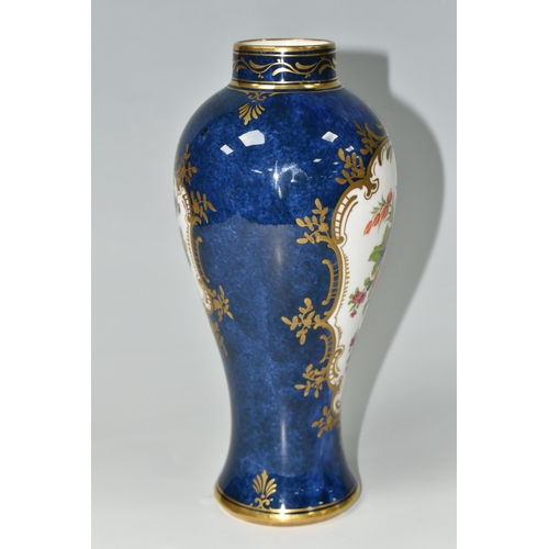 398 - A CROWN STAFFORDSHIRE BALUSTER VASE, with panels of hand painted flowers, surrounded by gilt foliate... 