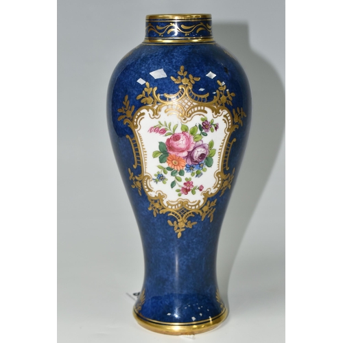 398 - A CROWN STAFFORDSHIRE BALUSTER VASE, with panels of hand painted flowers, surrounded by gilt foliate... 