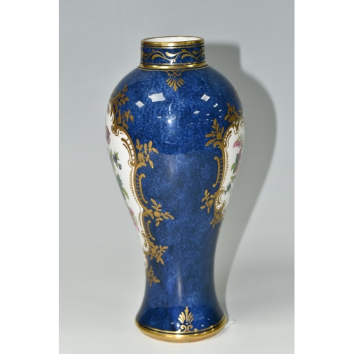 398 - A CROWN STAFFORDSHIRE BALUSTER VASE, with panels of hand painted flowers, surrounded by gilt foliate... 