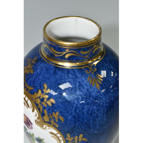 398 - A CROWN STAFFORDSHIRE BALUSTER VASE, with panels of hand painted flowers, surrounded by gilt foliate... 