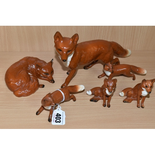 403 - SIX BESWICK FOX FIGURES, comprising Fox - Standing, model no 1016A, height 13cm, Fox - Curled no 101... 