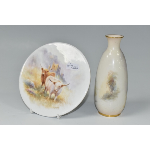 406 - A ROYAL WORCESTER VASE AND A PORCELAIN PLAQUE, comprising a Royal Worcester bottle vase, shape no 24... 