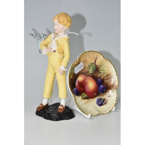 415 - A HAND PAINTED 'FALLEN FRUITS' TRINKET DISH AND A FIGURE OF A BOY, the trinket dish painted with bla... 