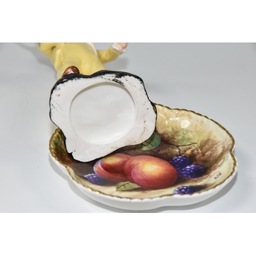 415 - A HAND PAINTED 'FALLEN FRUITS' TRINKET DISH AND A FIGURE OF A BOY, the trinket dish painted with bla... 