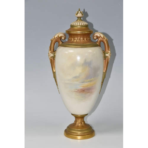 423 - A LARGE EARLY TWENTIETH CENTURY ROYAL WORCESTER COVERED VASE, of ovoid pedestal form with twin folia... 