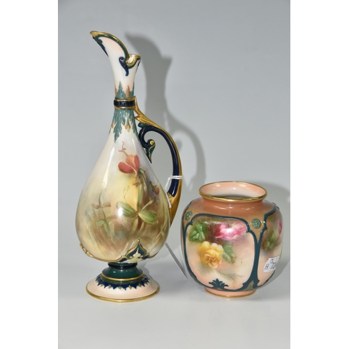 424 - TWO PIECES OF HADLEY'S WORCESTER PORCELAIN, comprising a ewer painted with sweet peas, with foliate ... 