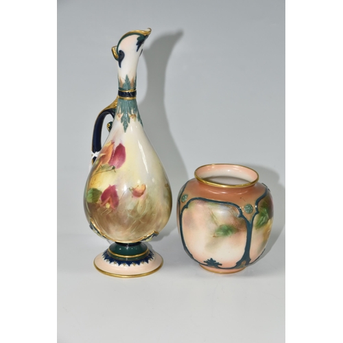 424 - TWO PIECES OF HADLEY'S WORCESTER PORCELAIN, comprising a ewer painted with sweet peas, with foliate ... 