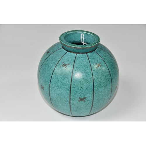 426 - A GUSTAVSBERG 'ARGENTA' SPHERICAL VASE, with cross hatch applied silver motifs on a mottled turquois... 