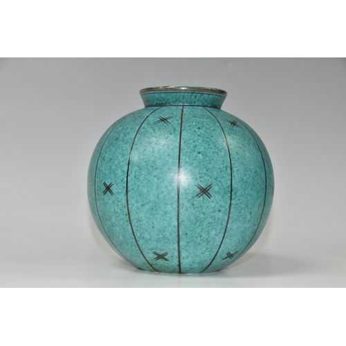 426 - A GUSTAVSBERG 'ARGENTA' SPHERICAL VASE, with cross hatch applied silver motifs on a mottled turquois... 