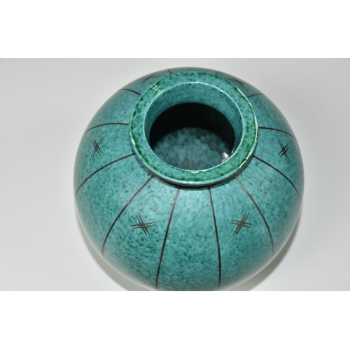 426 - A GUSTAVSBERG 'ARGENTA' SPHERICAL VASE, with cross hatch applied silver motifs on a mottled turquois... 