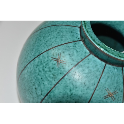 426 - A GUSTAVSBERG 'ARGENTA' SPHERICAL VASE, with cross hatch applied silver motifs on a mottled turquois... 