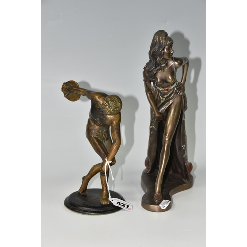 427 - TWO BRONZED FIGURES, comprising The Discobulus after Myron, a bronzed metal figure of a discus throw... 