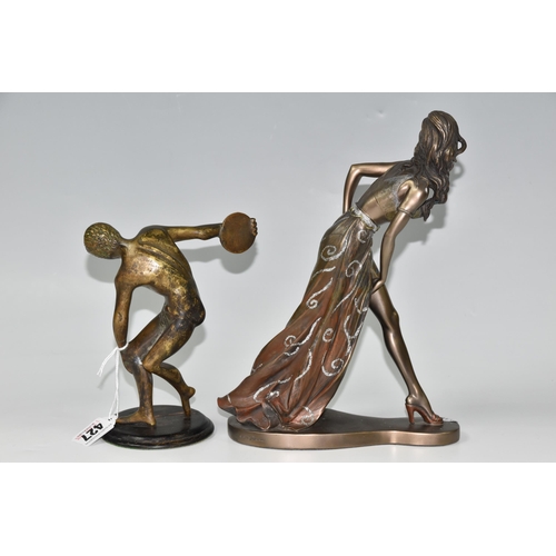 427 - TWO BRONZED FIGURES, comprising The Discobulus after Myron, a bronzed metal figure of a discus throw... 