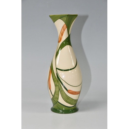 430 - A BLACK RYDEN POTTERY BULLRUSH VASE, of elongated baluster form, with a square neck, decorated with ... 