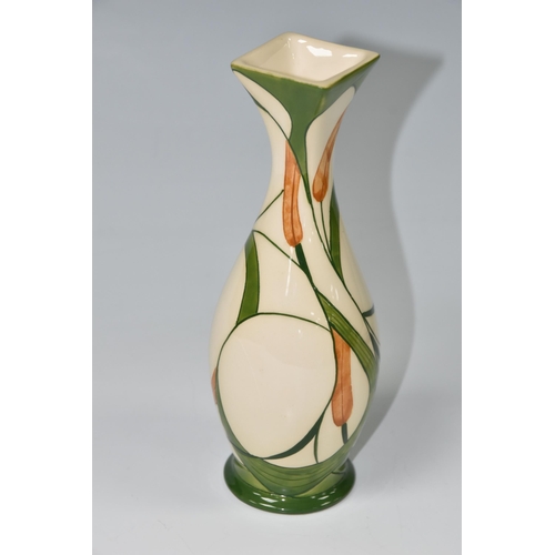 430 - A BLACK RYDEN POTTERY BULLRUSH VASE, of elongated baluster form, with a square neck, decorated with ... 